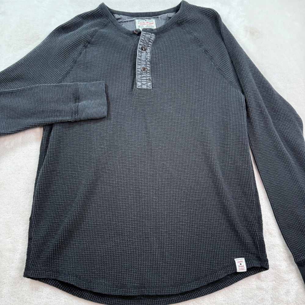 Lucky Brand Mens Henley Shirt Large Gray Waffle Knit Long Sleeve Thermal Top‎